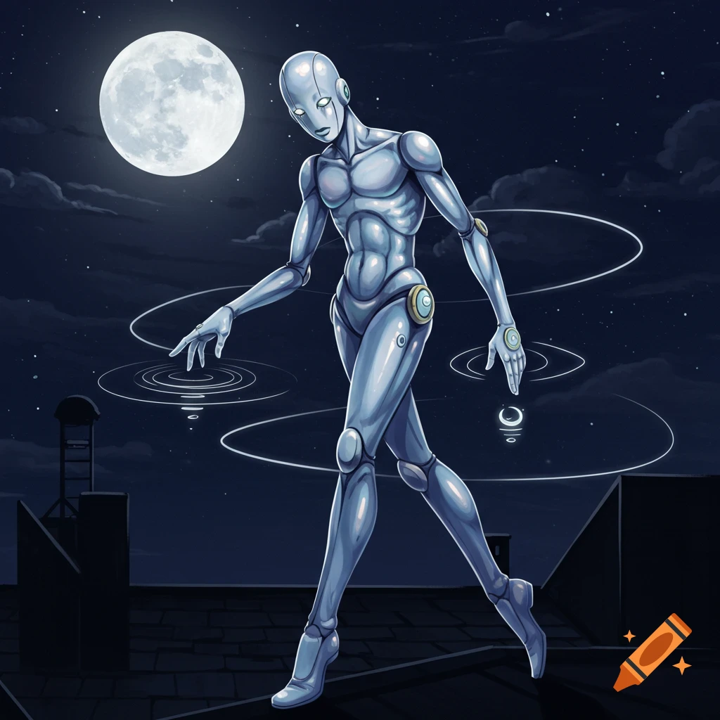 A sleek silver humanoid robot with glowing eyes walks on a dark rooftop under a full moon, creating ripples in the air.