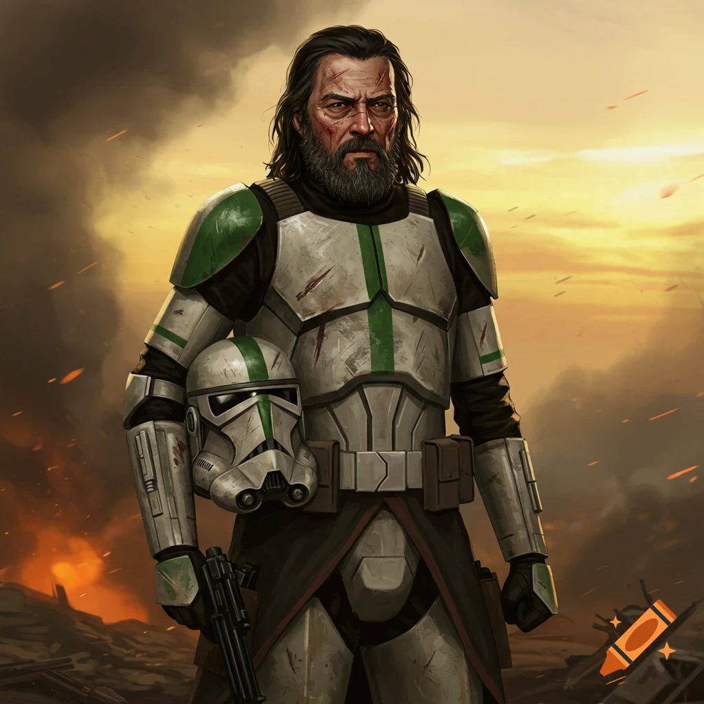 A weathered Star Wars Republic Commando with long hair, a grizzly beard, and facial scars, holding his helmet and a blaster on a smoky battlefield.