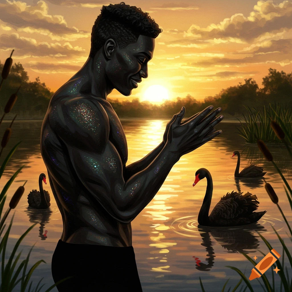 A smiling man with glittery black skin stands in a lake at sunset, rubbing his hands, with black swans nearby in a stylized illustration.