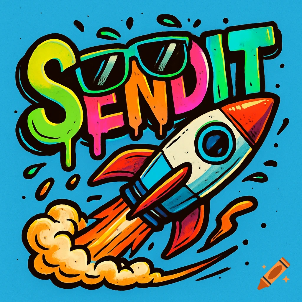 Vibrant cartoon logo of 'SEND IT' text with sunglasses above a rocket blasting off on a blue background.