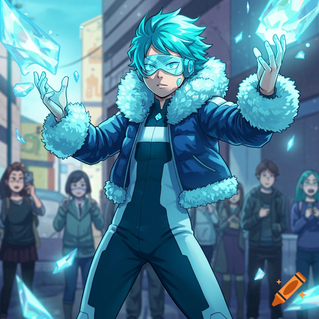 Anime male character with cyan hair, a visor, and a puffy blue jacket, manipulating ice shards in a city street.