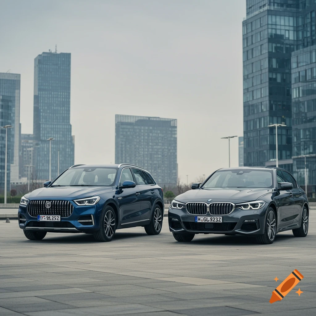 A blue SUV and a dark grey sedan are parked side-by-side in a city plaza with modern skyscrapers in the background.