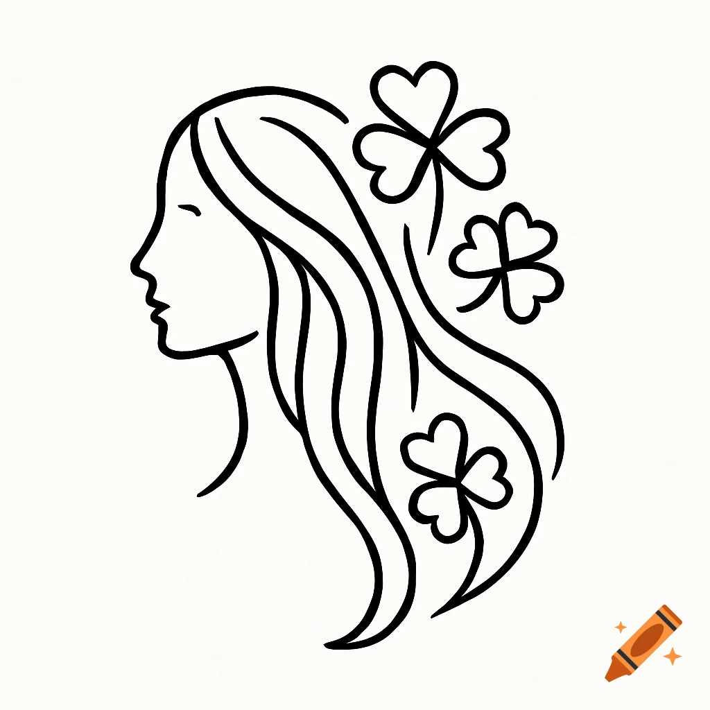Minimalist black and white line art logo of a woman's profile with long flowing hair adorned with abstract clover shapes.