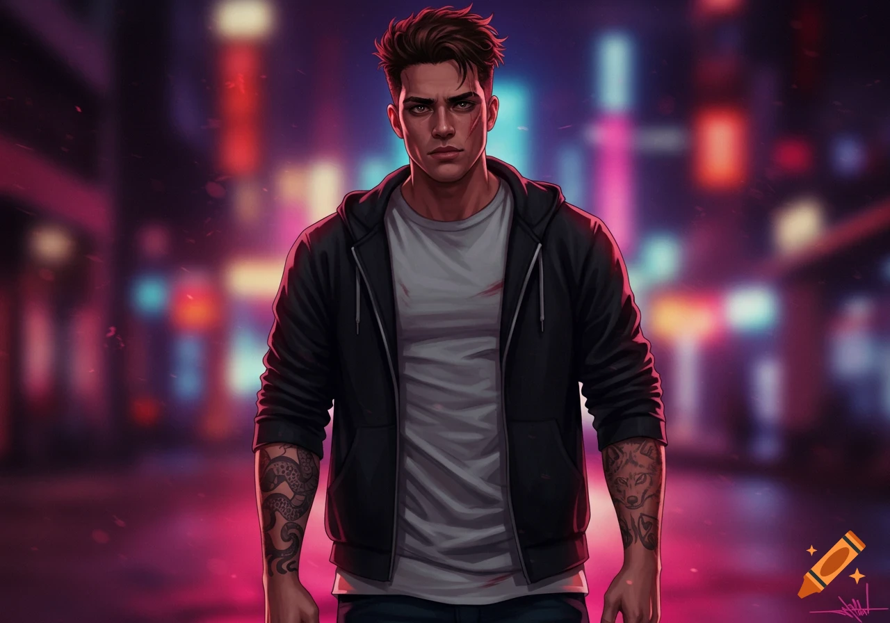 A stylized digital art portrait of a rugged young man with scars and tattoos, standing in a neon-lit city street.