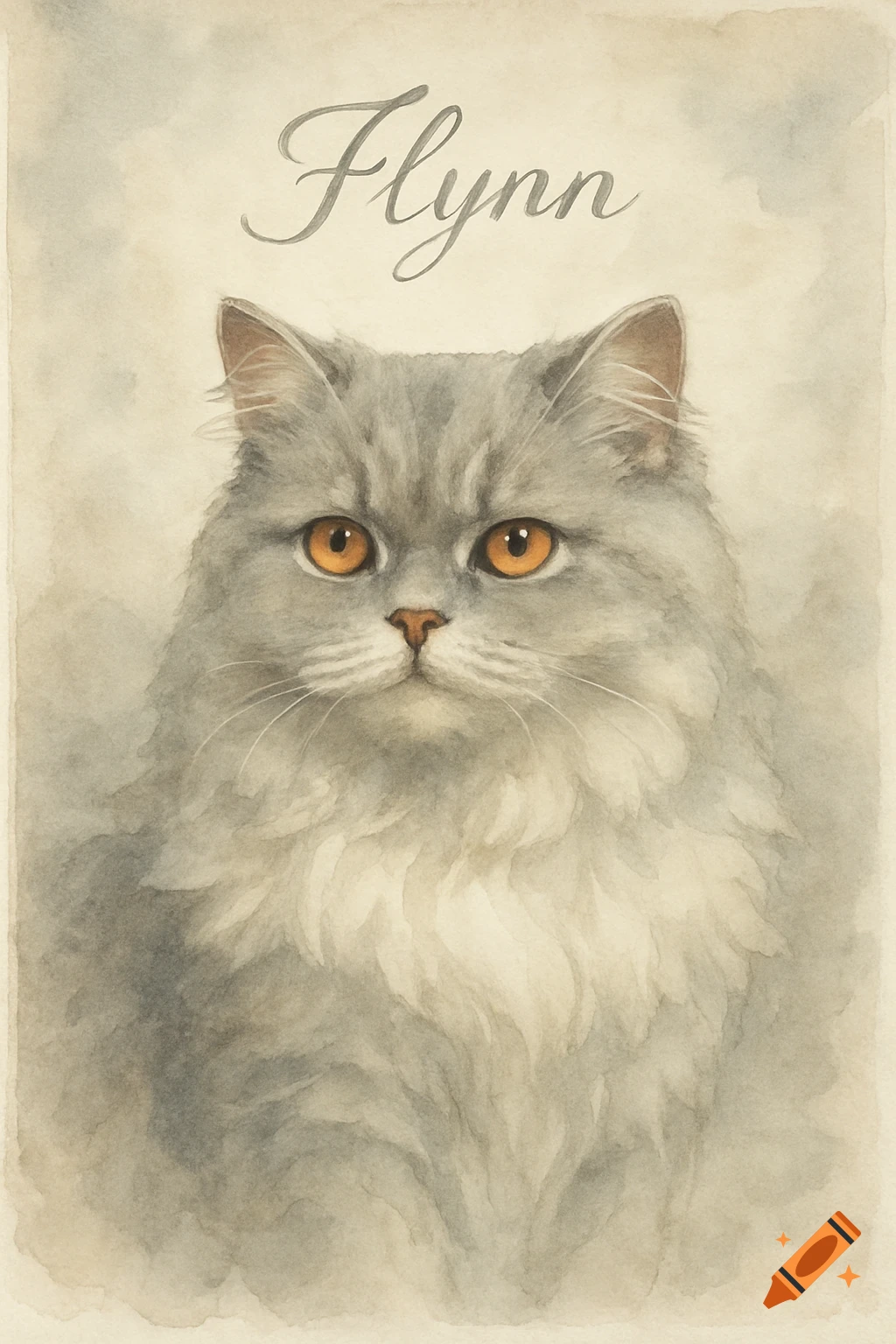 Watercolor portrait of a fluffy grey cat with orange eyes, with the name 'Flynn' written above it.