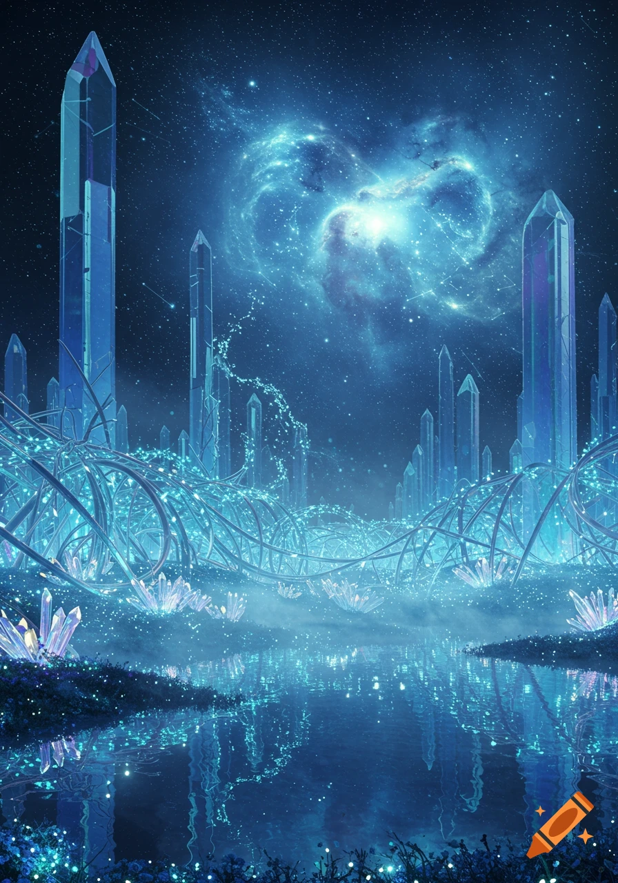 A futuristic landscape with glowing blue crystal towers, intertwined luminous vines, and a reflective lake under a starry sky with a bright nebula.