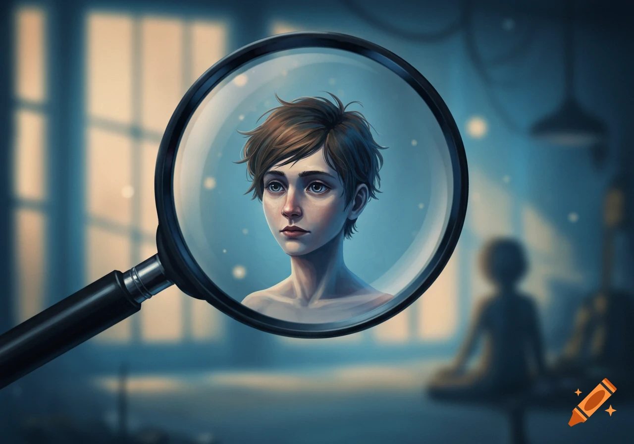 Stylized portrait of a young person with short brown hair viewed through a magnifying glass, against a blurred blue background.