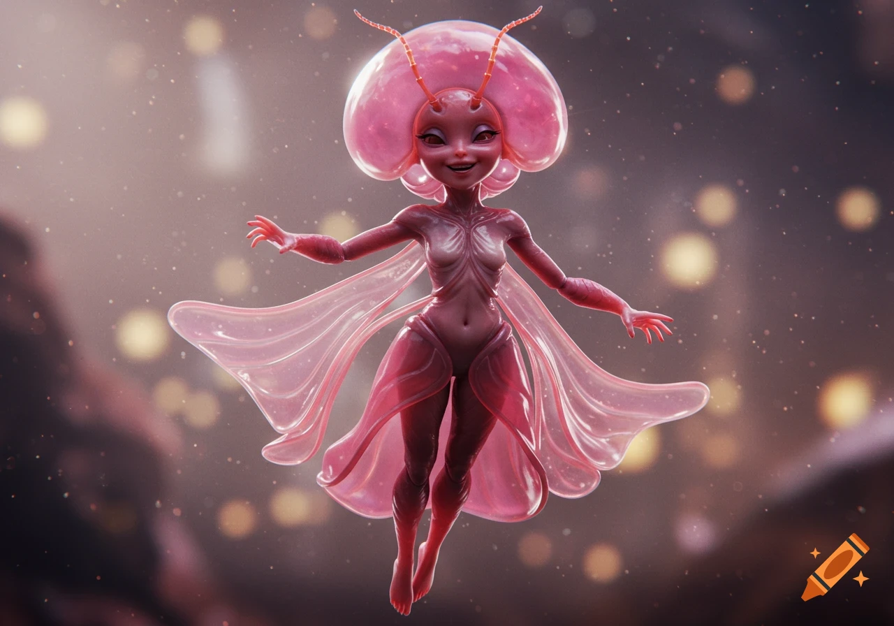 A smiling, pink, translucent insectoid woman with a jellyfish-like head and flowing wings floats against a blurred light background.