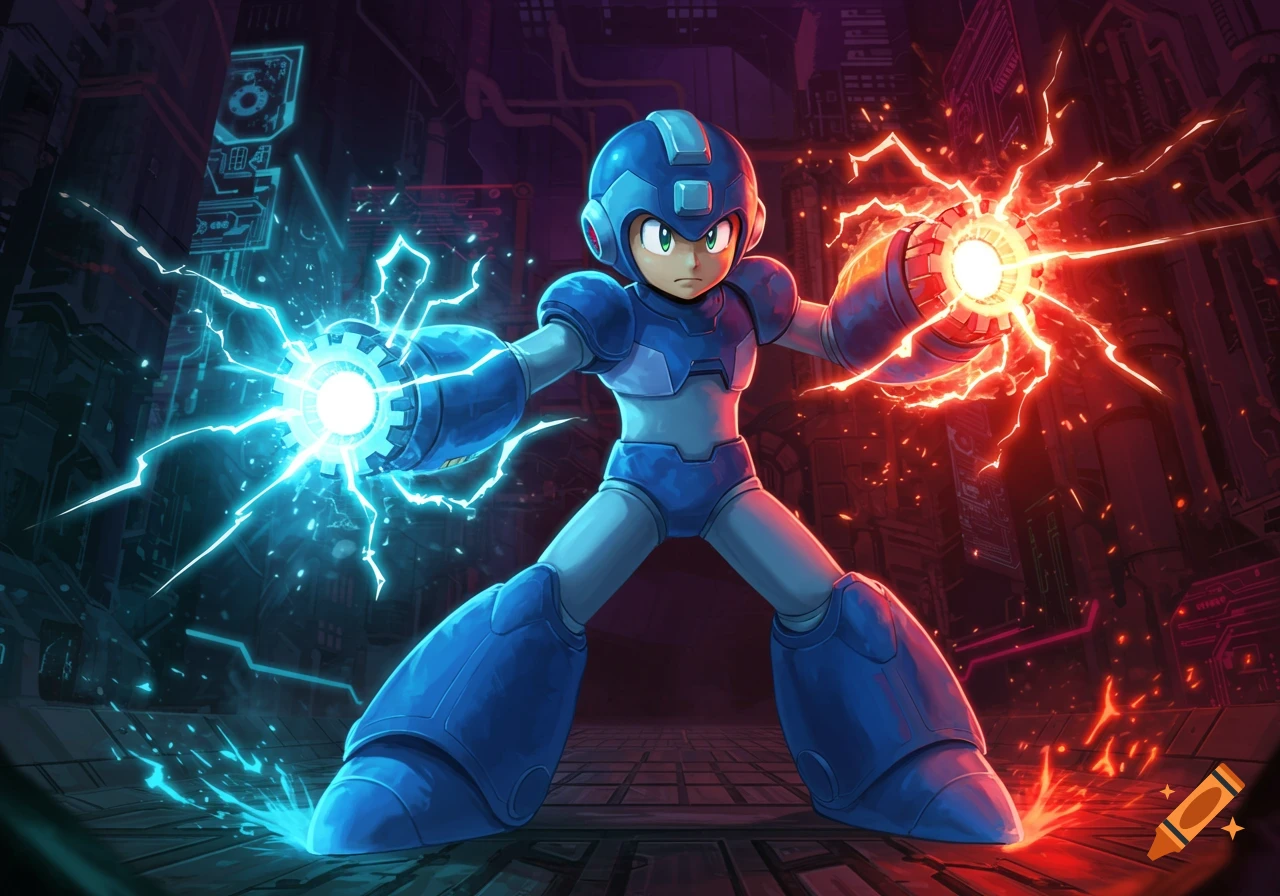 Mega Man in a blue suit stands dynamically, charging blue energy in his left hand and red energy in his right, against a dark futuristic background.
