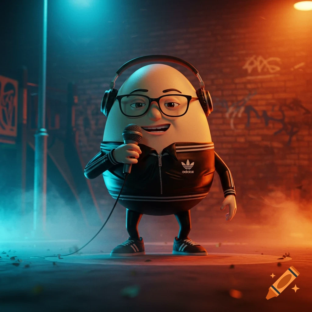 A 3D cartoon Humpty Dumpty character with glasses and headphones wears a black Adidas tracksuit, holding a microphone in a neon-lit alley.
