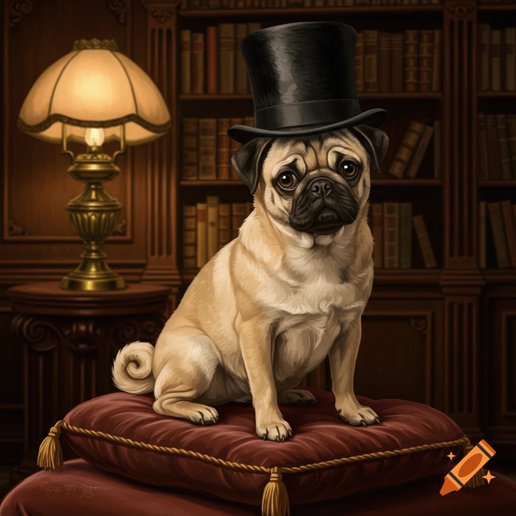 A tan pug wearing a black top hat sits on a red velvet cushion in a dimly lit library with bookshelves.