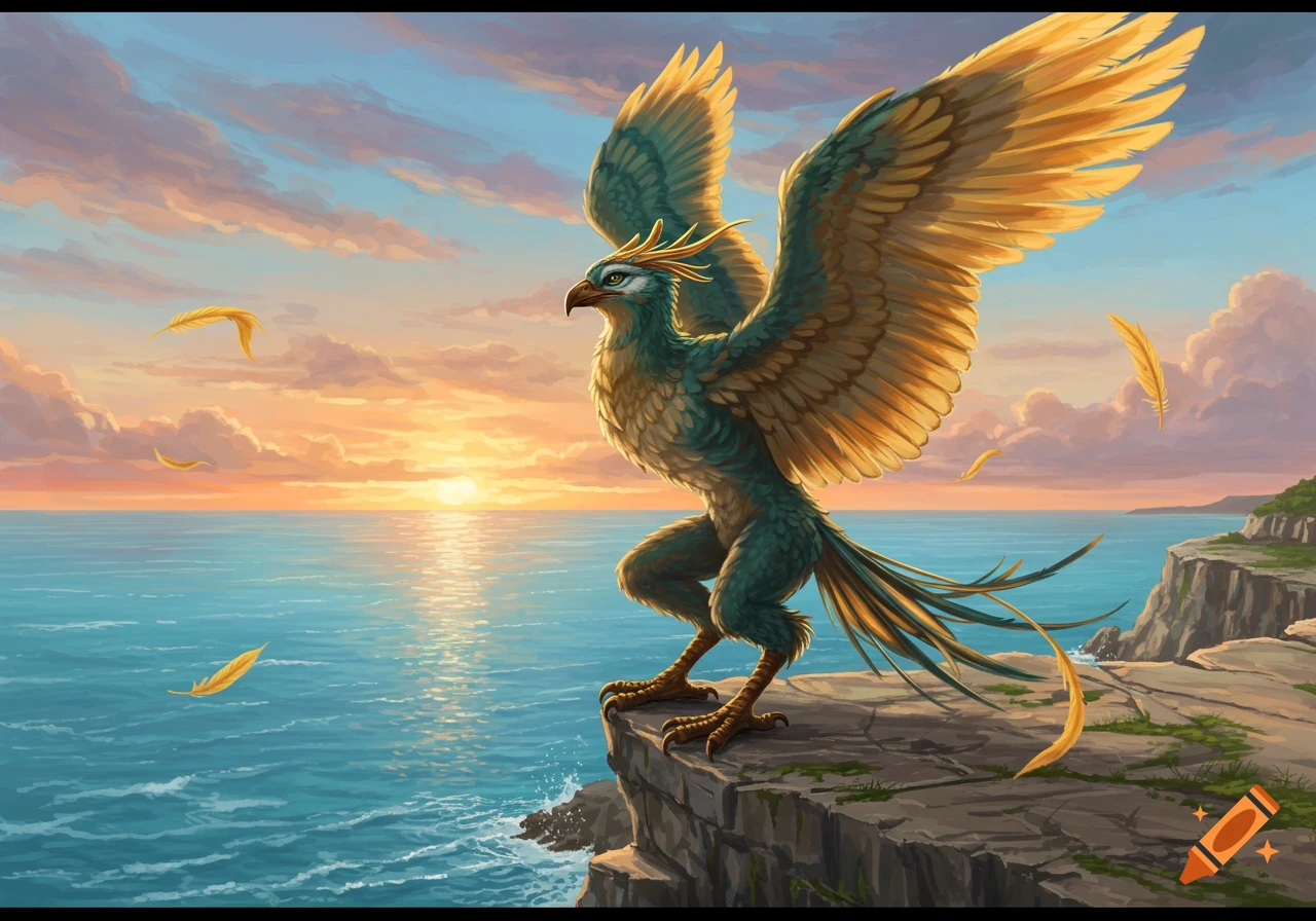 A majestic bird-like creature with golden wings stands on a cliff overlooking a radiant ocean sunset with scattered feathers.