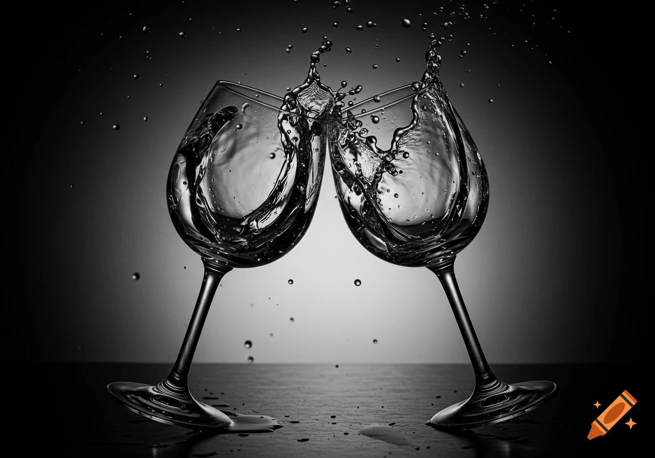 Two wine glasses clink together, splashing water, in a dramatic black and white photorealistic style.