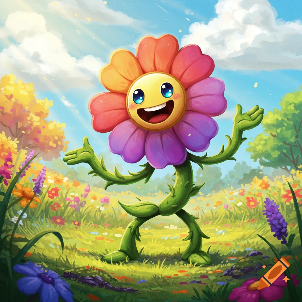A vibrant, cheerful rainbow flower character with a smiling emoji face, green stem arms, and legs, stands in a sunny field of colorful wildflowers.