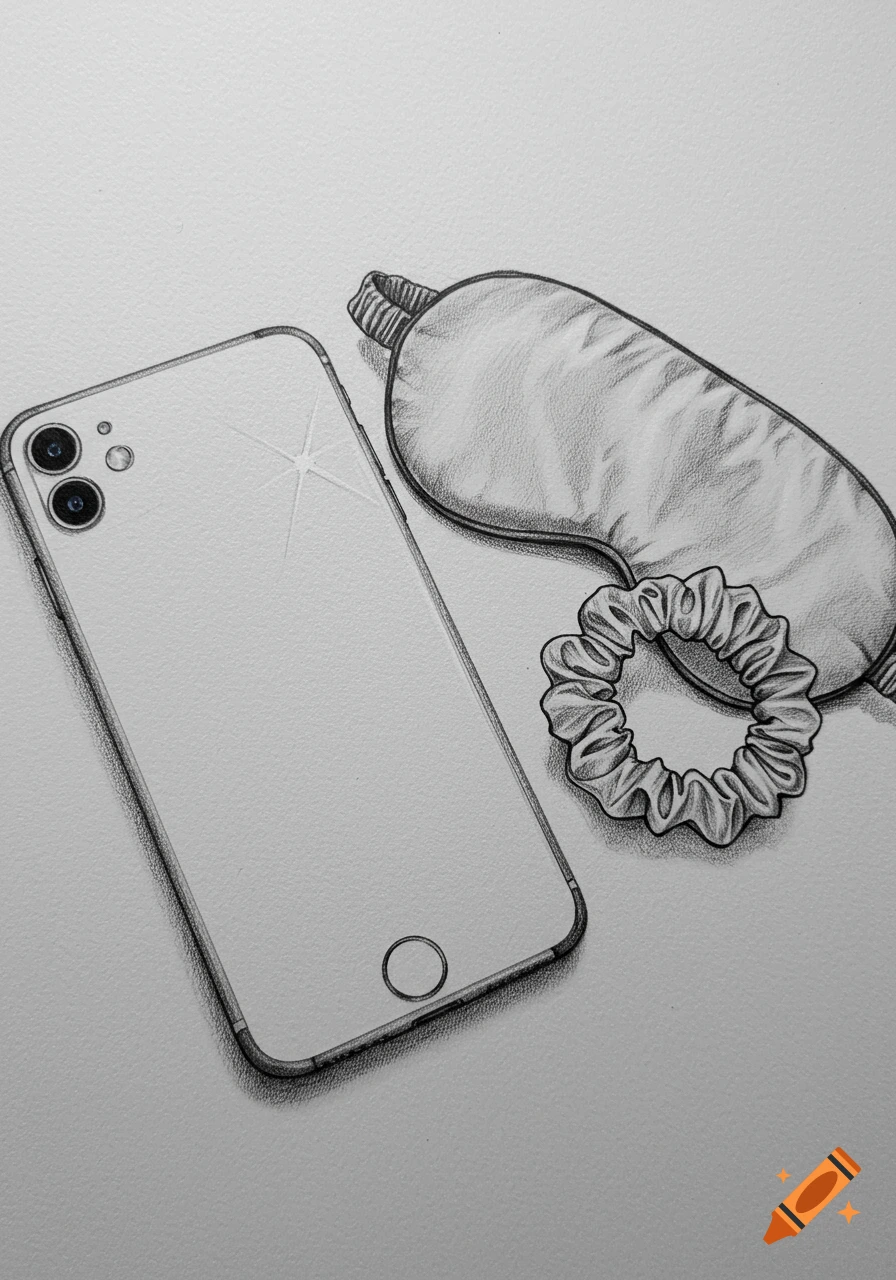 A black and white pencil sketch showing an iPhone, a sleeping mask, and a hair scrunchie on a white surface.