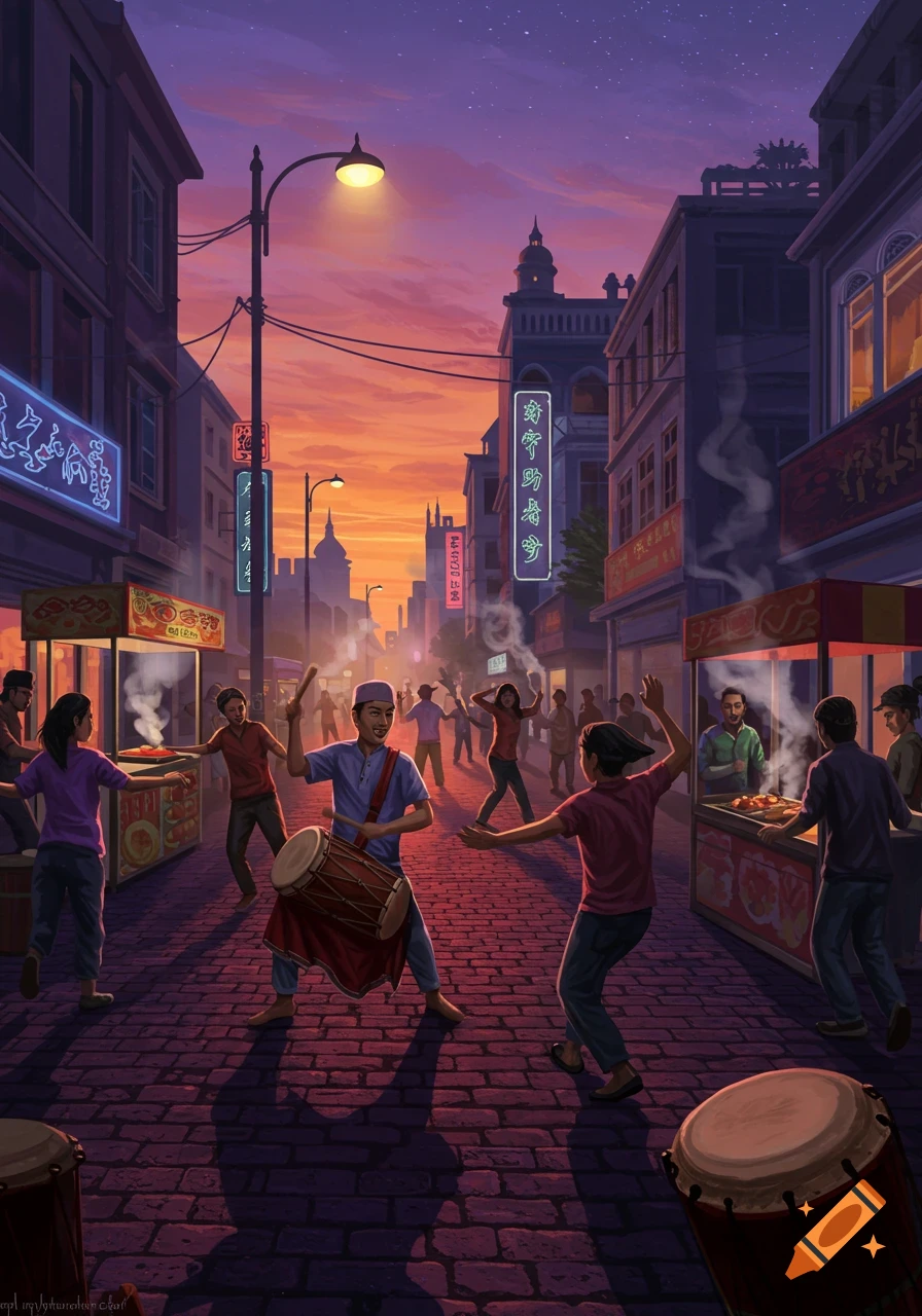 Vibrant illustration of a lively street scene at dawn with people celebrating, a drummer in the foreground, and food stalls.