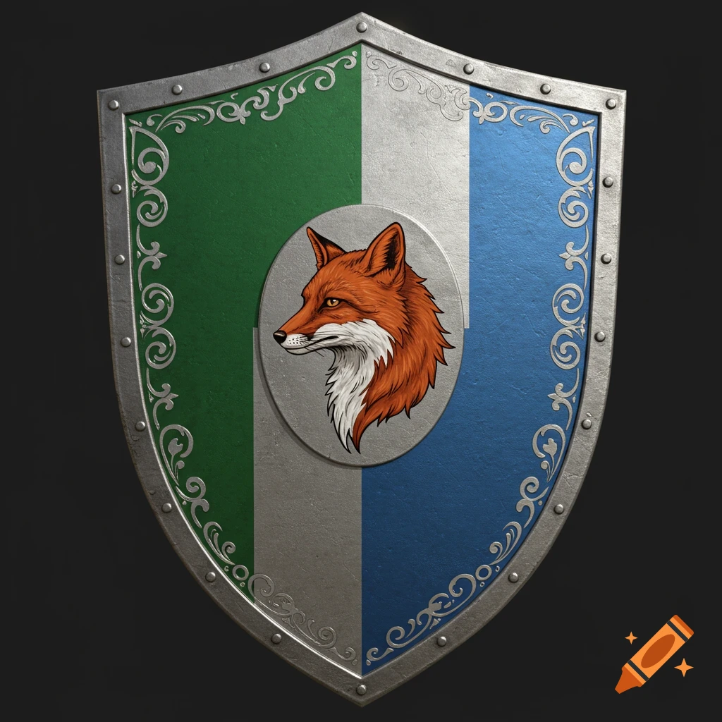 A medieval shield with green, silver, and blue vertical bands and a central oval featuring a red fox head.
