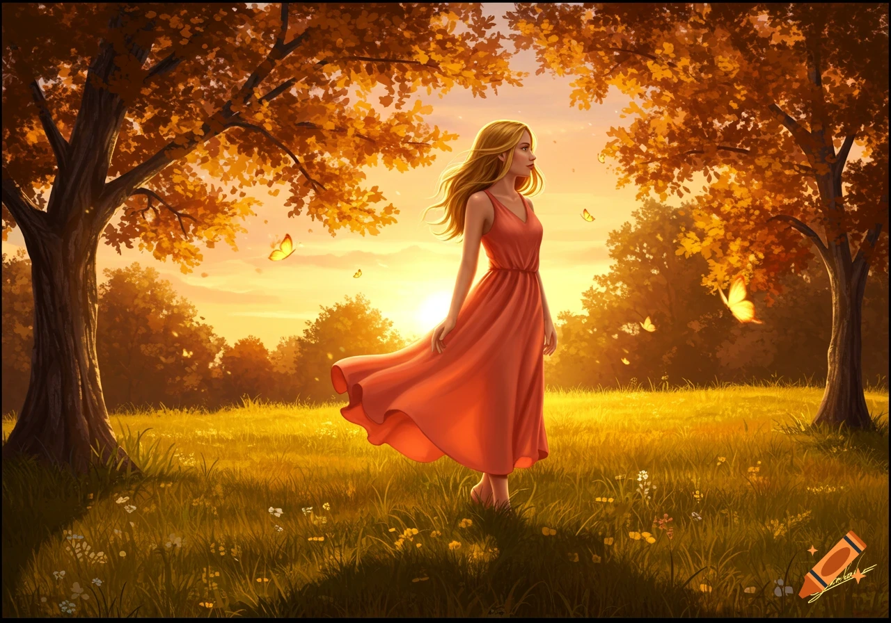 A woman in a flowing orange dress stands barefoot in a sunlit golden field with autumn trees and butterflies at sunset, in an illustrative style.