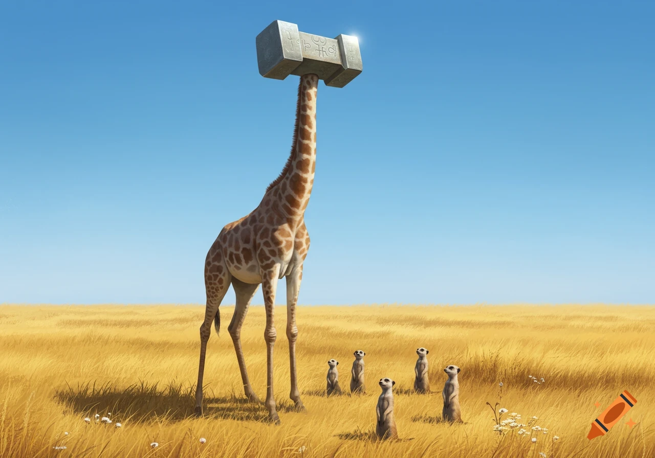 A tall giraffe with a large gray hammerhead where its head should be, stands in a golden savanna, observed by several small meerkats looking up at it under a clear blue sky.
