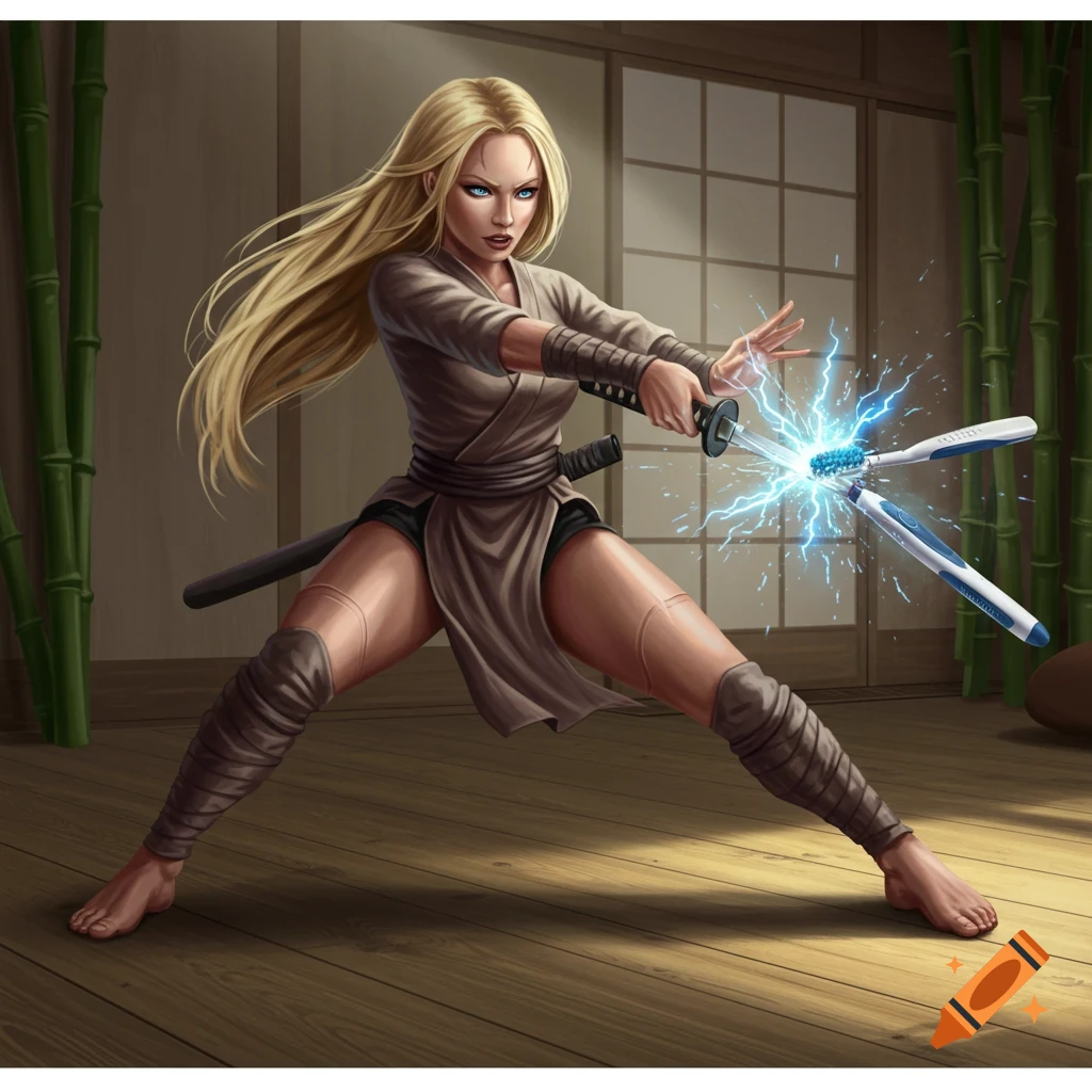 A blond warrior woman in a ninja-like outfit chops an electric toothbrush in half with a sword, creating electric sparks, in a traditional Japanese room.