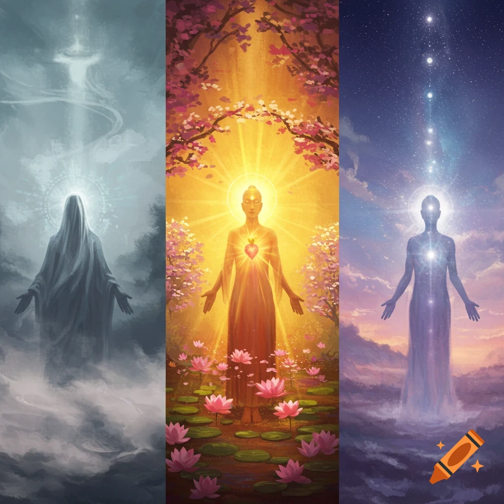 A spiritual triptych digital painting showing three ethereal figures in misty, floral, and cosmic scenes.