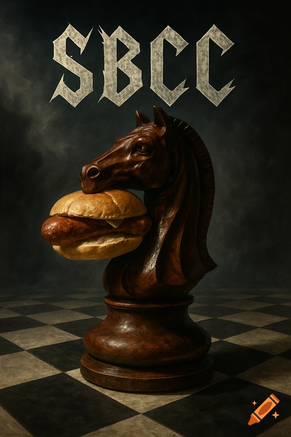 A dark wooden chess knight holds a sausage bap in its mouth, with the letters SBCC above it, on a checkered floor.