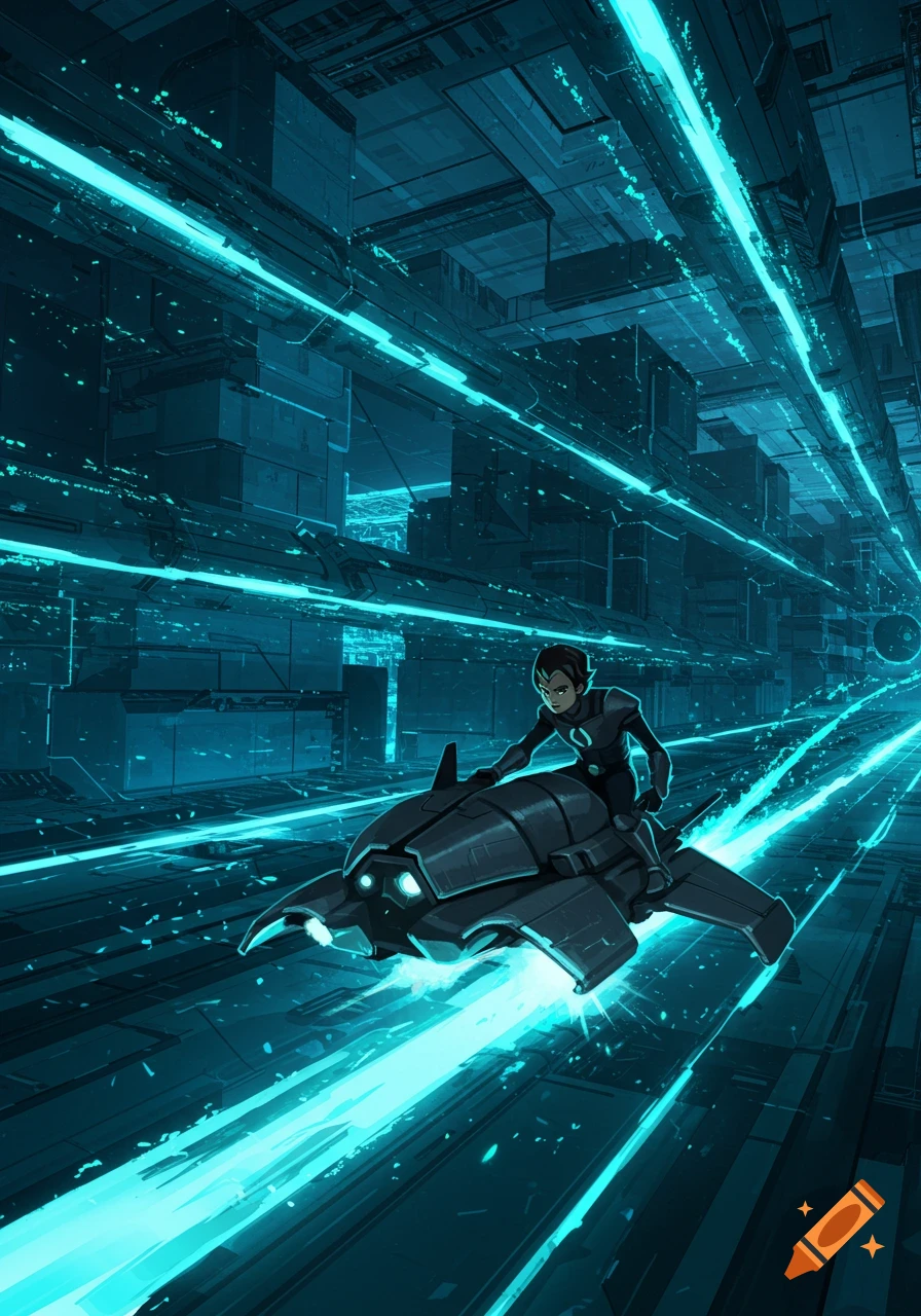 A boy in a black suit rides a dark gray hovercraft through a neon blue futuristic city tunnel, depicted in an animated style.