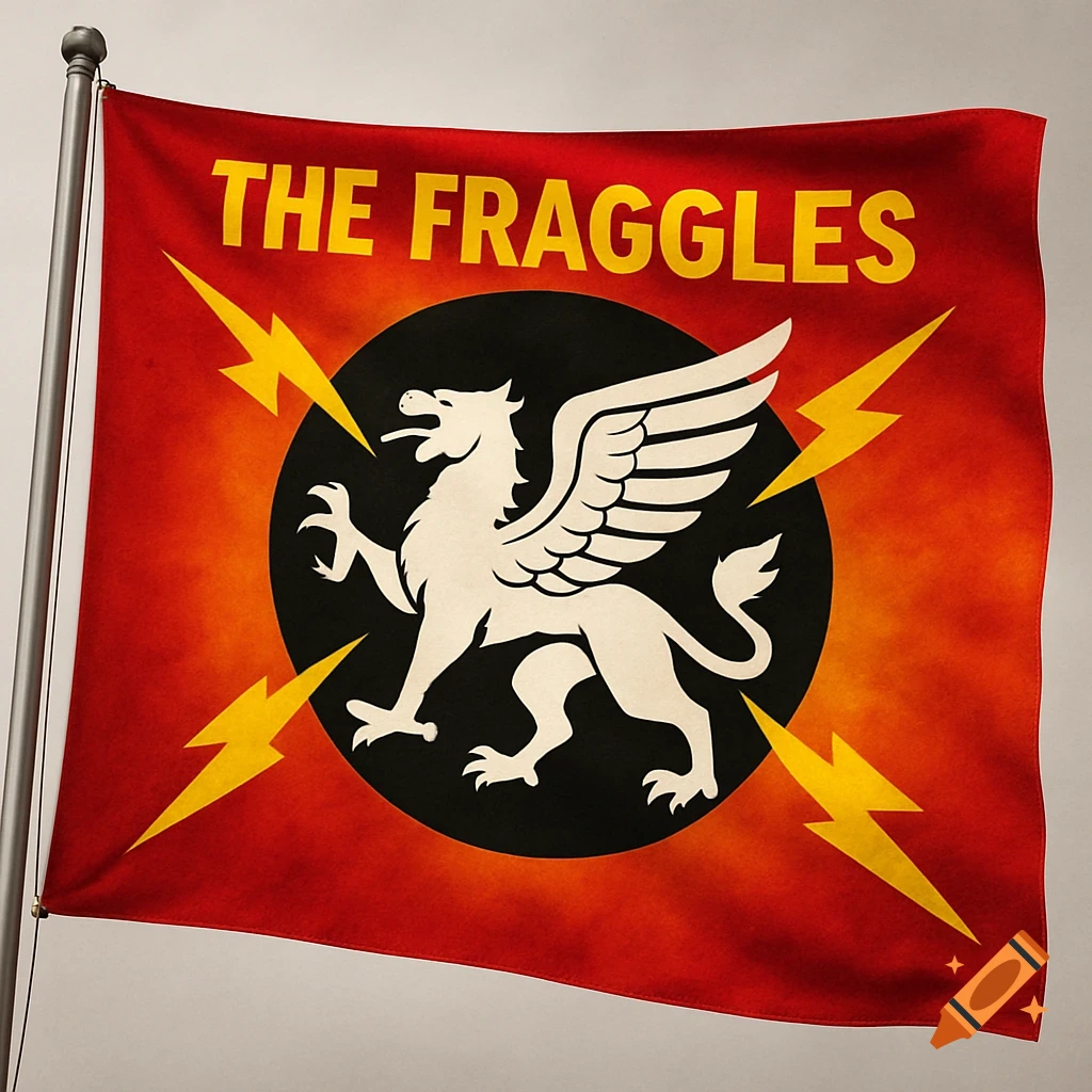 A red and orange flag with a white griffin in a black circle, yellow lightning bolts, and 'THE FRAGGLES' text, on a flagpole.