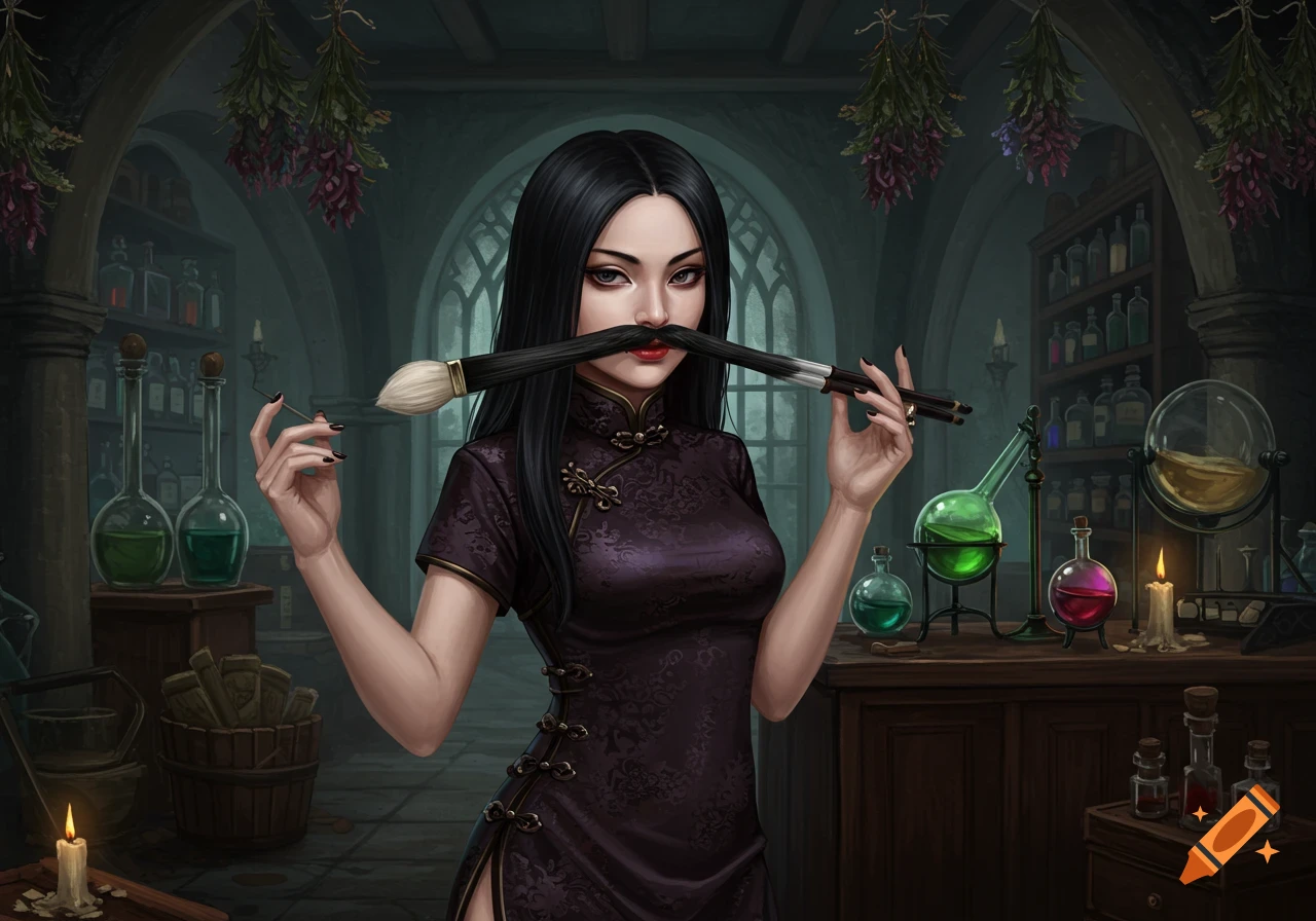 A long-haired Chinese woman in a purple cheongsam holds a paintbrush under her nose like a mustache in a gothic alchemy lab.