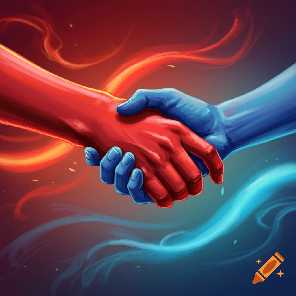 A stylized illustration of a red hand shaking a blue hand, with glowing red and blue wisps of light around them.