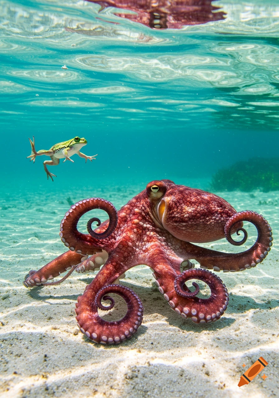A photorealistic image of a red octopus on the sandy seabed with a green frog swimming above it in clear blue water.