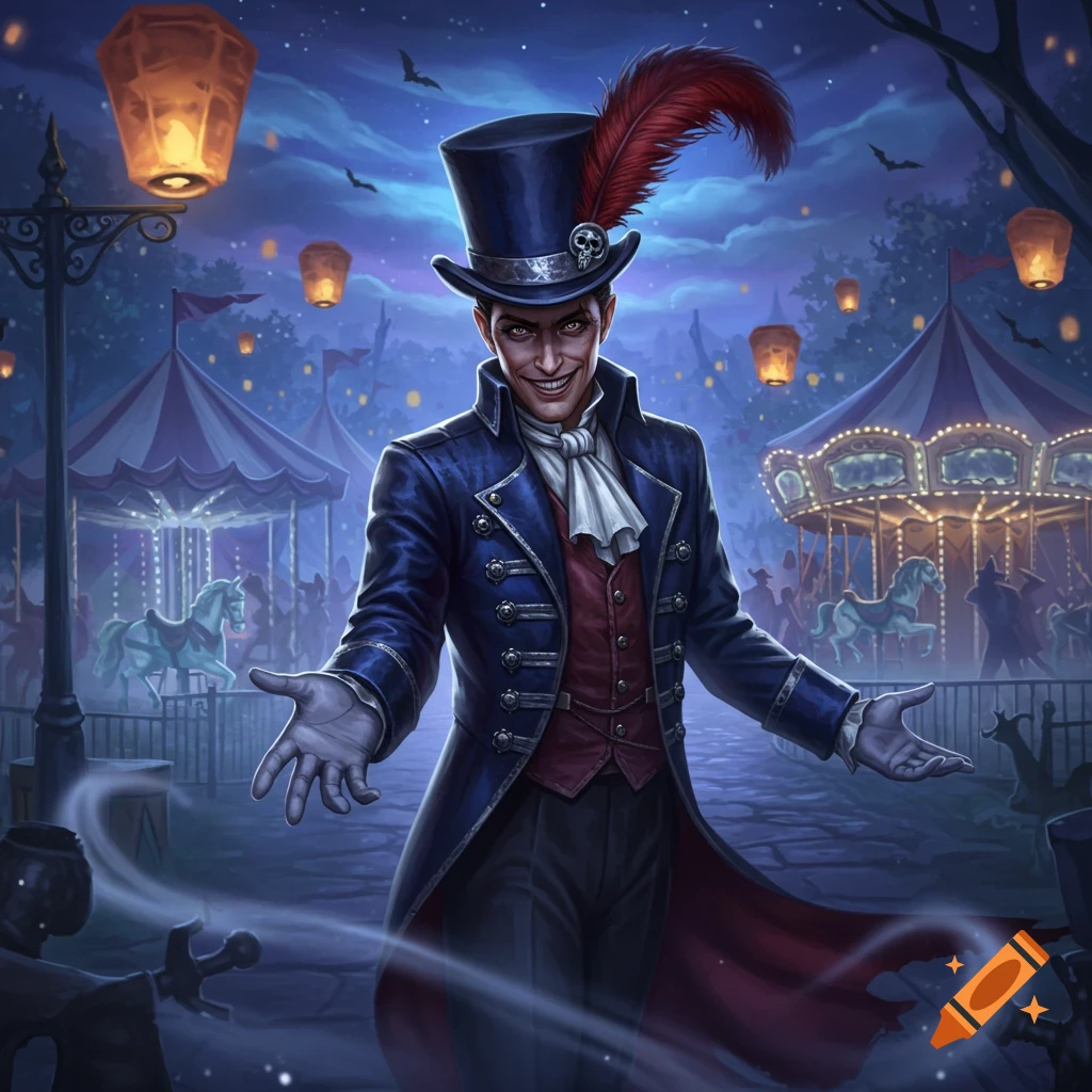 A sinister carnival showman in a top hat and blue coat stands with arms outstretched at a spooky night carnival with lanterns and a carousel.