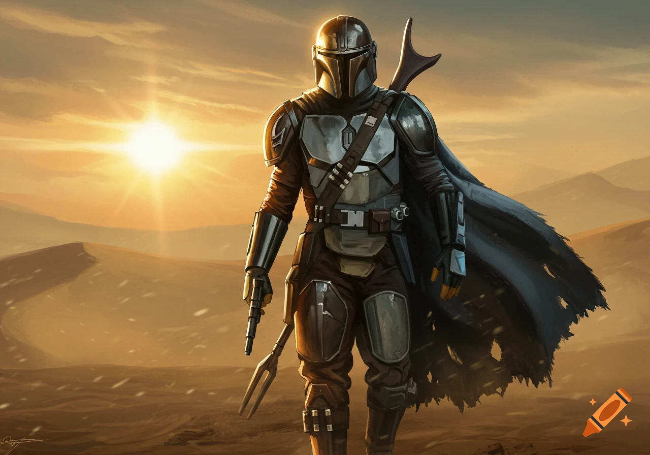 The Mandalorian in reflective armor stands in a sun-drenched desert landscape with sand dunes, holding a rifle and trident.