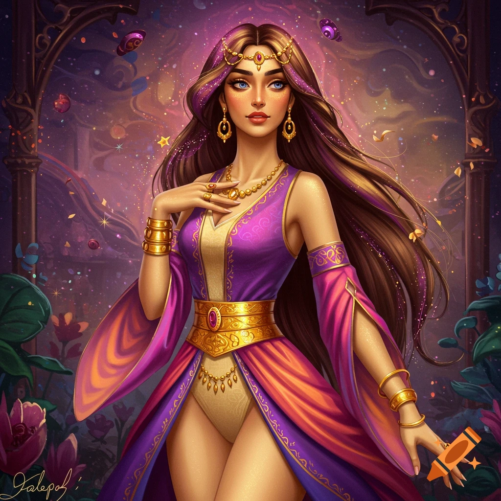 Fantasy portrait of a beautiful woman with long brown and purple hair, wearing an elaborate gold and purple dress and jewelry, against a magical starry background.