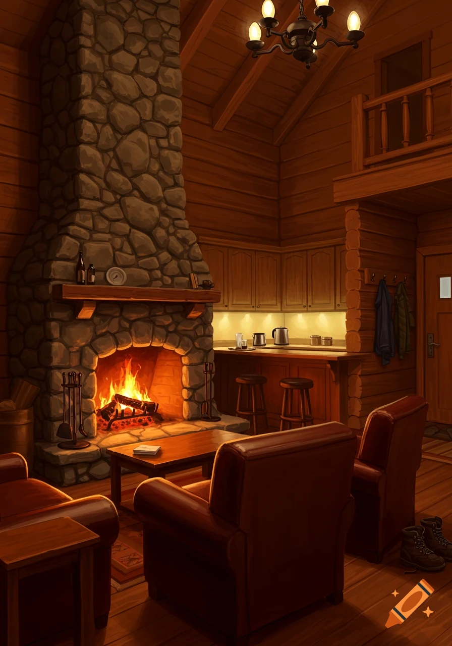 Cozy illustrated cabin interior with a large stone fireplace, leather chairs, a bar kitchen, and an entrance with hanging coats and boots.