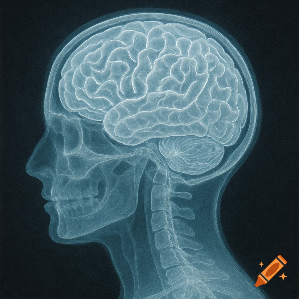 X-ray of a human head in profile, revealing the brain, skull, and spine against a dark background in a medical illustration style.