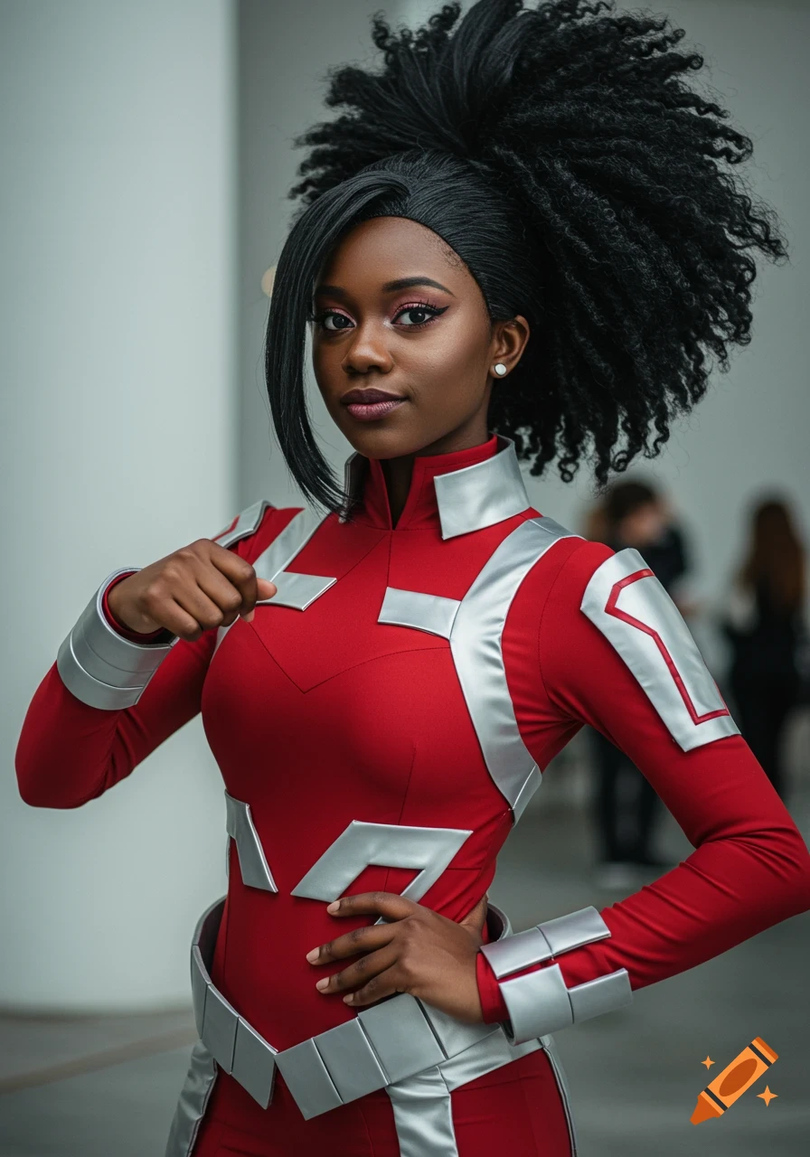 A photorealistic portrait of an African American woman cosplaying Momo Yaoyorozu in a red and silver hero costume, striking a pose.