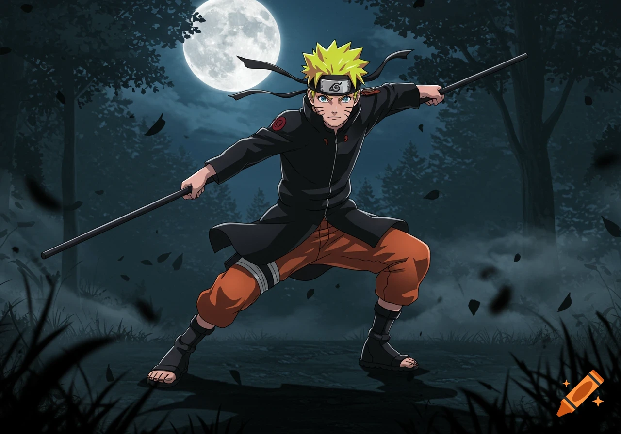 Naruto in a black outfit holds two staffs under a full moon in a dark forest.