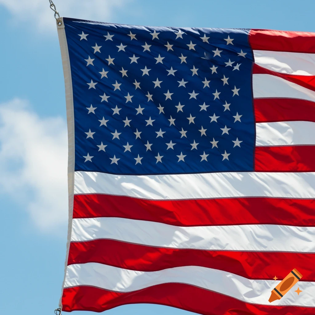 A close-up view of an American flag with 96 stars, waving against a bright blue sky with light clouds.