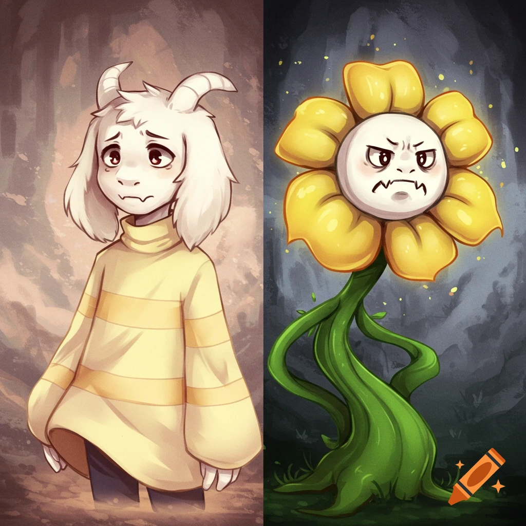 A side-by-side illustration of Asriel Dreemurr looking nervous and Flowey looking angry.