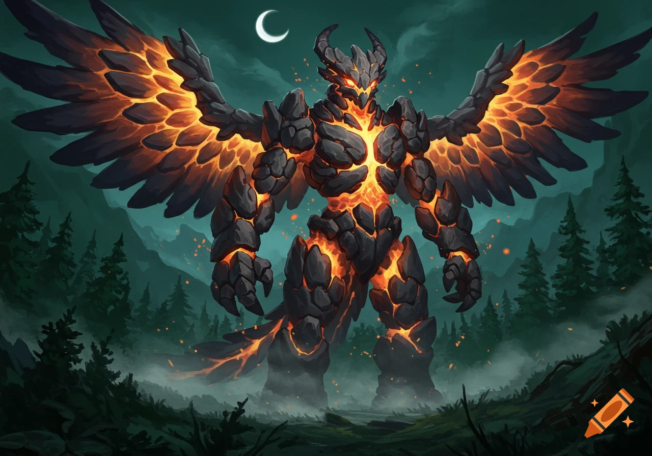 A large, winged rock monster with glowing lava cracks stands in a dark, misty forest under a crescent moon, fantasy digital art.