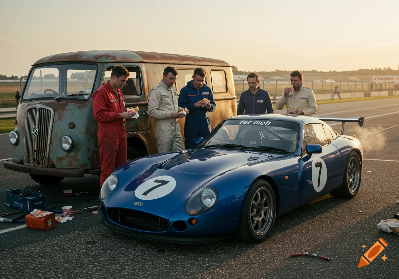 A blue TVR racing car with the number 7 is parked on a track. Nearby, a rusty vintage van and several mechanics eating snacks are visible at sunset.