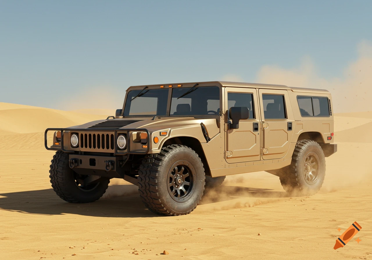 A gold Hummer H1 drives through a sandy desert, kicking up dust under a clear blue sky, photorealistic.
