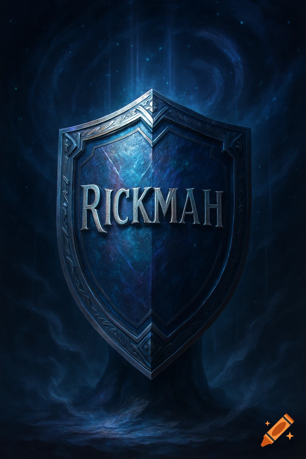 A mystical, dark blue shield with the word RICKMAH engraved, set against a glowing, ethereal background.