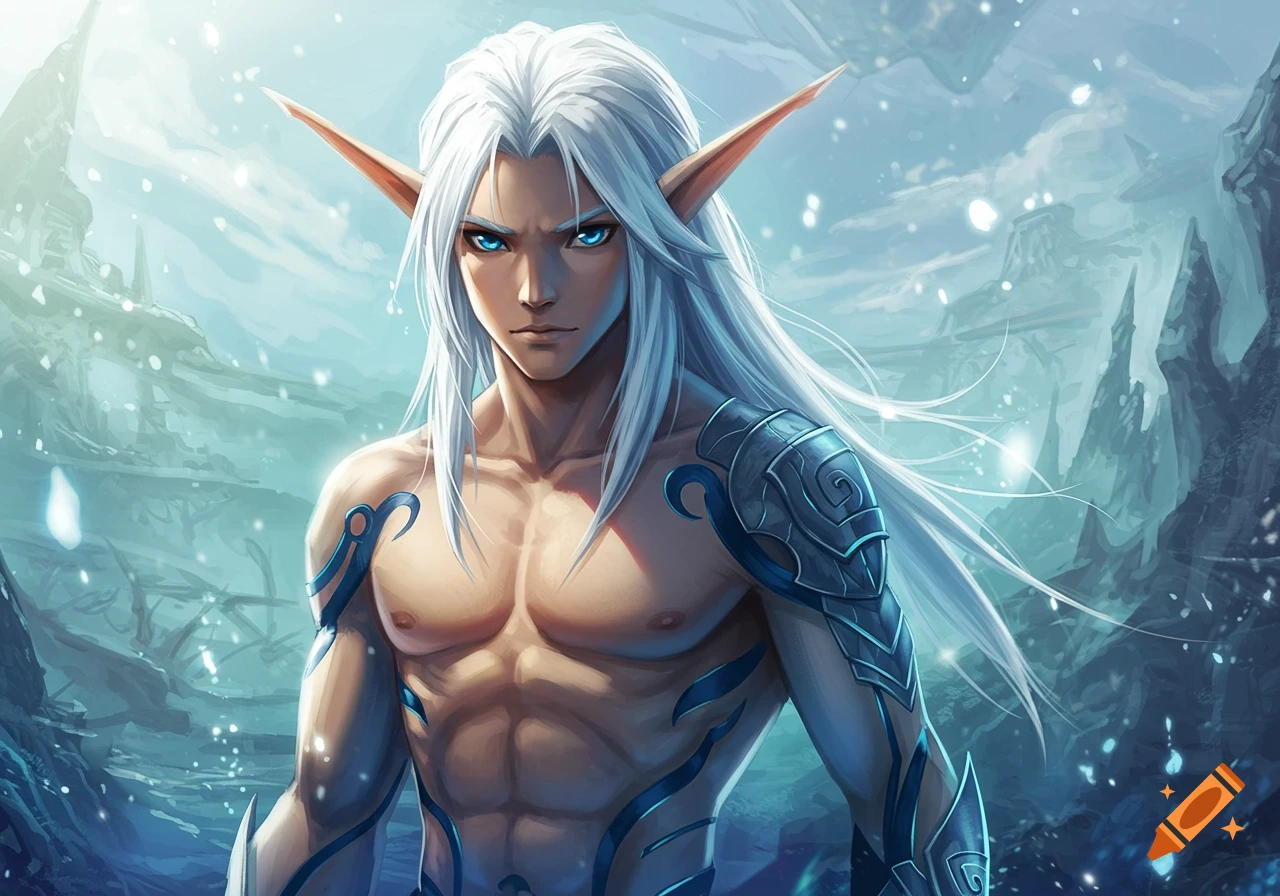 Anime style fantasy art of a shirtless male elf with long white hair, blue eyes, and blue tribal markings, in an icy landscape.