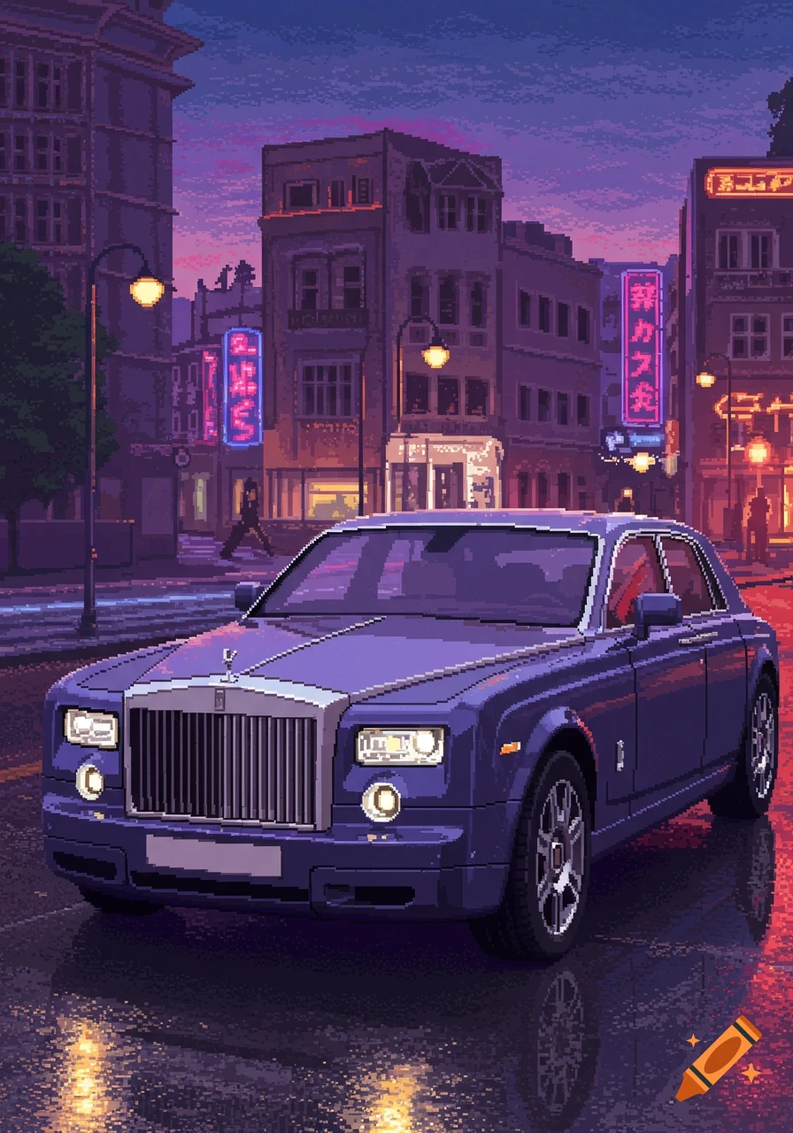 Blue pixel art Rolls Royce on a wet city street at dusk, with glowing neon signs and buildings.