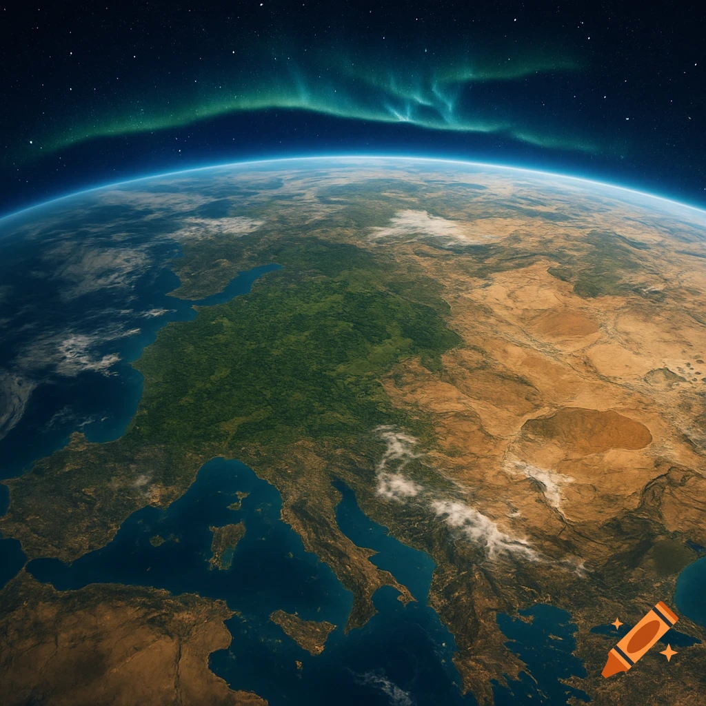 Photorealistic view of Earth from space showing Europe, Africa, and Asia with a vibrant aurora over the atmosphere.