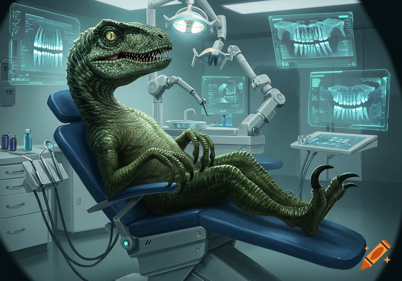 A Velociraptor sits in a dentist's chair while dental X-rays are displayed on screens around it.