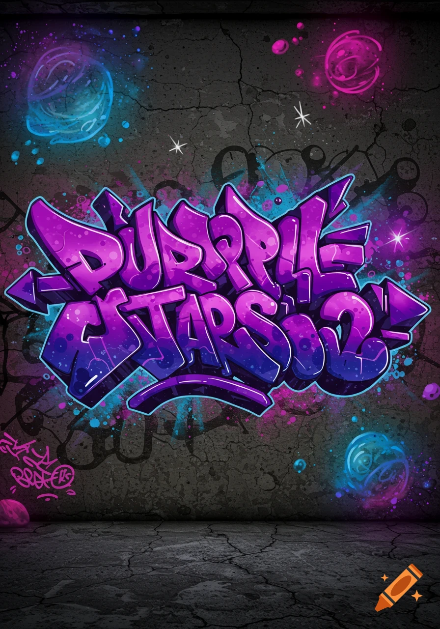 A vibrant purple and blue graffiti piece spelling "PURPLE STARSO2" on a cracked concrete wall, with glowing orbs and paint splatters.