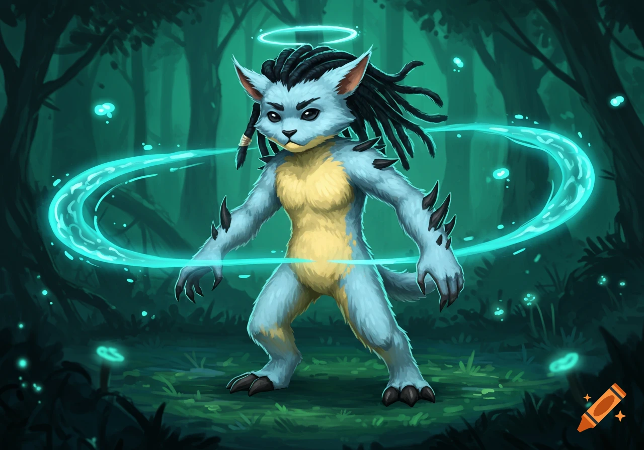 A light blue furry character with black dreadlocks, yellow chest fur, and glowing teal energy in a dark fantasy forest.